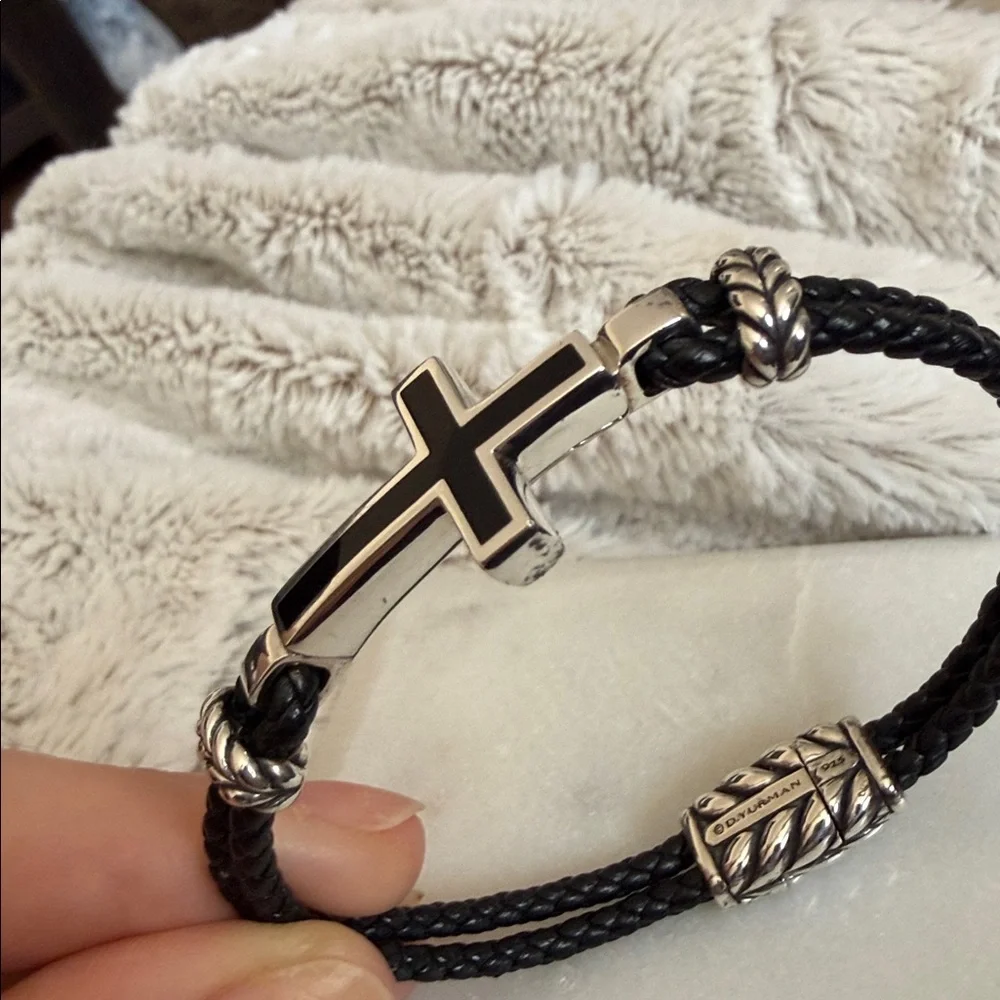 David Yurman Black Leather Bracelet with Silver Cross Accent
